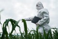 scientist in protective white PPE suit, treats seedlings, sprays leaves with fertilizers and fights infectious diseases, grows