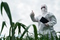 scientist in protective white PPE suit, treats seedlings, sprays leaves with fertilizers and fights infectious diseases, grows