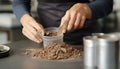 Scientist pulverizing and sieving soil samples at table, closeup. Laboratory analysis Royalty Free Stock Photo