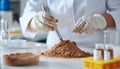 Scientist pulverizing and sieving soil samples at table, closeup. Laboratory analysis Royalty Free Stock Photo