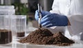 Scientist pulverizing and sieving soil samples at table, closeup. Laboratory analysis Royalty Free Stock Photo