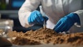 Scientist pulverizing and sieving soil samples at table, closeup. Laboratory analysis Royalty Free Stock Photo