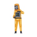 Scientist in Radiation Protective Suit and Helmet Working with Dangerous Nuclear Chemicals Vector Illustration