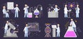 Scientist research, chemistry lab experiment, science workers. Man and woman scientists with lab equipment vector Royalty Free Stock Photo