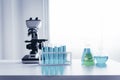 Scientist research laboratory equipment tools in Lab room secure., Microscope and testing beakers on a tabletop., Technology of Royalty Free Stock Photo