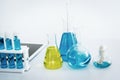 Scientist research laboratory equipment tools in Lab room secure., Testing beakers and tube on a tabletop., Technology of Royalty Free Stock Photo