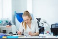 Scientist researcher using microscope in laboratory. Medical healthcare technology and pharmaceutical research and
