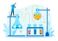 Scientist researching lab flasks beakers experiment study. Man white coat tablet observing test
