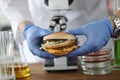 Scientist in rubber gloves hold hamburger in front of microscope and glass test tubes in chemical laboratory closeup