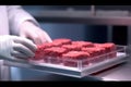 Scientist in rubber gloves taking artificial lab-grown meat lying on counter