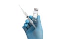 Scientist`s hand wearing blue gloves against white background and holding Covid-19 vaccine