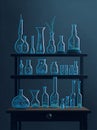 Scientist\'s workbench filled with various glassware, pipettes, and beakers ready for experimentation. Generative AI