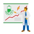 Scientist show poster about green power. Battery and rising grapth Royalty Free Stock Photo