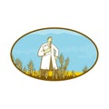 Scientist Standing in Middle of Wheat Filed Oval Retro