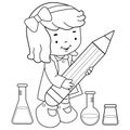 Student girl at science class holding a big pencil. Vector black and white coloring page