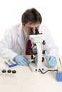 Scientist studying slide under microscope Royalty Free Stock Photo