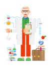 Scientist in the style of the cartoon. Isolated object on white background. Flat illustration. Characters design. Crazy professor Royalty Free Stock Photo