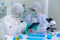 Scientist team has researching and working on Coronavirus cure in the laboratory. Asian Doctor examining samples Royalty Free Stock Photo