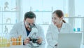 Scientist team use microscope in the lab. Biotechnology researcher scientist working look microscope in the medical development Royalty Free Stock Photo