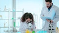 Scientist team use microscope in the lab. Biotechnology researcher scientist working look microscope in the medical development Royalty Free Stock Photo