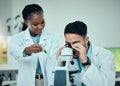 Scientist, teamwork and microscope, plant research and natural study, medicine and growth check in laboratory. Medical