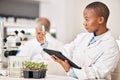Scientist, Test Tube And Plants On Tablet For Laboratory Research, Agriculture And Sustainability Analysis. African