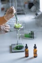 The scientist is testing the natural product extraction and green color solution, in the chemistry laboratory. Royalty Free Stock Photo