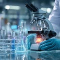 Scientist uses microscope in Laboratory for medical research and development, science equipment on table Royalty Free Stock Photo