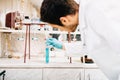 Scientist using lab tools, Test tubes in clinic, pharmacy and medical research laboratory