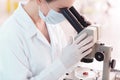 Scientist using microscope for examining meat sample in laboratory Royalty Free Stock Photo