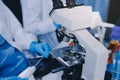 Scientist using microscope in laboratory. Close-up of a researcher& x27;s hands adjusting microscope in lab setting. Scienc Royalty Free Stock Photo