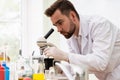 Scientist is using microscope in a laboratory during research Royalty Free Stock Photo