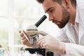 Scientist is using microscope in a laboratory during research Royalty Free Stock Photo