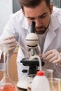 Scientist is using microscope in a laboratory during research Royalty Free Stock Photo