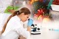 Scientist using modern microscope at table. Food quality analysis Royalty Free Stock Photo