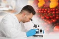 Scientist using microscope at table in laboratory. Food quality analysis Royalty Free Stock Photo