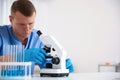 Scientist using modern microscope. Medical research Royalty Free Stock Photo