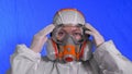 Scientist virologist in respirator. Woman close up look, wearing protective medical mask. Concept health safety N1H1