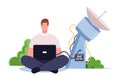 Scientist Volcanologist Character with Laptop in Hands Sitting at Satellite Antenna Monitoring Data of Volcano Eruption