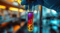 scientist wearing sterile gloves holding a test tube with a colorful liquid inside, laboratory in the background