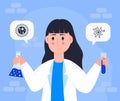 Scientist woman in lab. Girl in white coat, chemical researcher is holding tube. Virologist concept vector. Microbiologist is Royalty Free Stock Photo