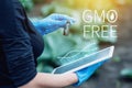 Scientist woman testing the plant for the presence of genetic modification. GMO-free organisms and products