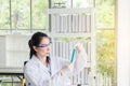 Scientist women working putting medical chemicals sample in test tube at laboratory