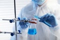 Scientist working with beaker and test tube in laboratory, closeup Royalty Free Stock Photo