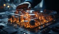 Scientist working on complex semiconductor circuit board in illuminated laboratory generated by AI