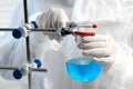 Scientist working with flask of light blue liquid, closeup Royalty Free Stock Photo