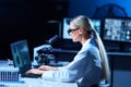 Scientist working in lab. Female doctor making medical research. Laboratory tools: microscope, test tubes, equipment Royalty Free Stock Photo