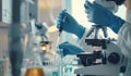 A scientist is working in a lab with a microscope and a pipette by AI generated image Royalty Free Stock Photo