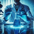 scientist working in laboratory with test tubes analyzing blue substance in beaker Royalty Free Stock Photo