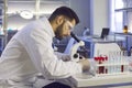 Scientist looking in microscope while doing research in biotech science laboratory Royalty Free Stock Photo